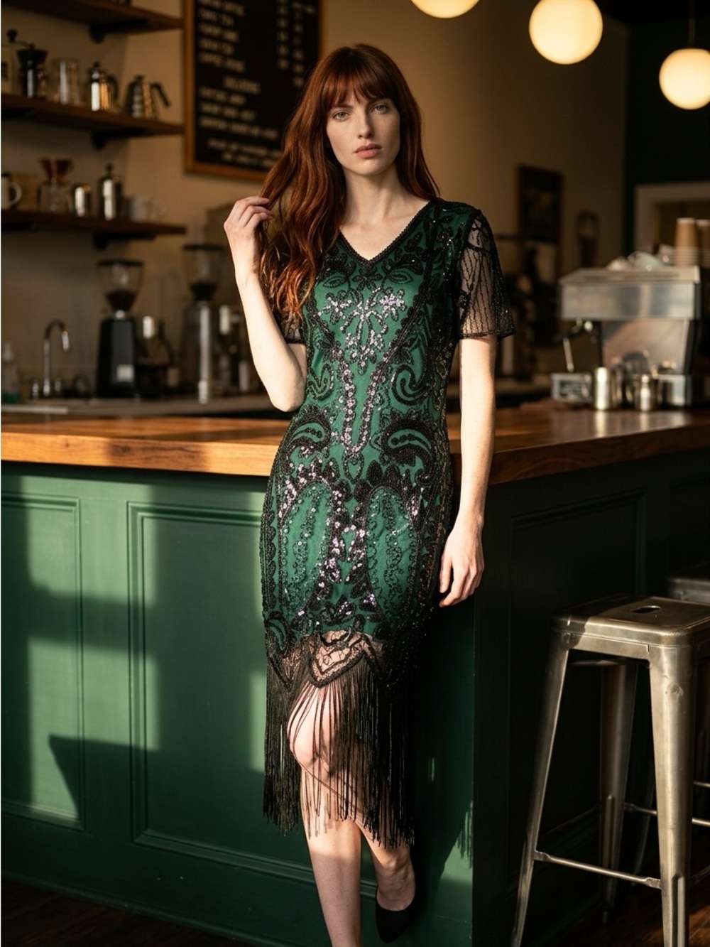 Elegant Green Beaded Fringe V-Neck Dress
